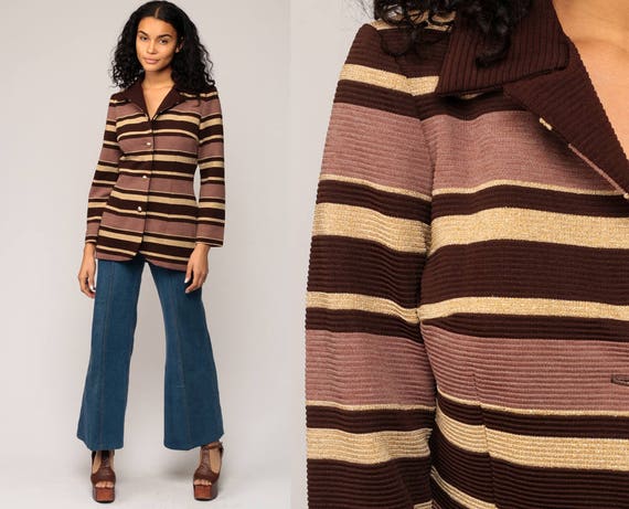 Striped Jacket 70s Coat Mod Jacket Brown GOLD Metallic Disco Polyester Vintage Boho Hippie Button Up Hipster Retro Bohemian Small