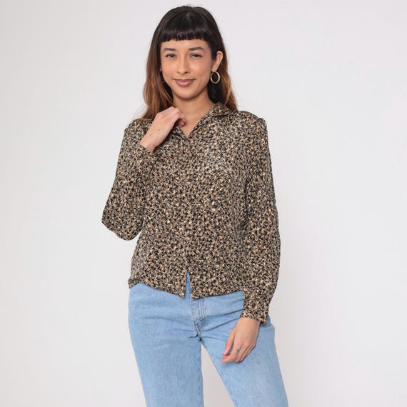 80s Geometric Button Up Blouse Tan Black Jacquard Top Puff Sleeve Shirt 1980s Abstract Secretary Vintage 1980s Long Sleeve Small Medium