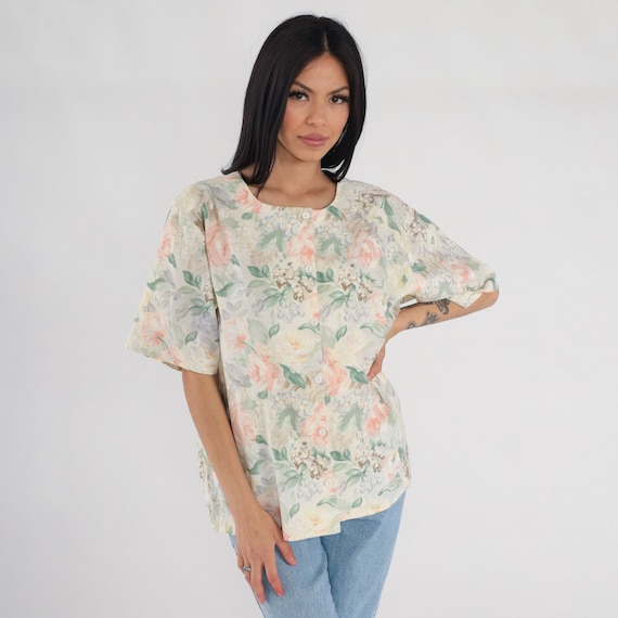 Rose Print Blouse 80s 90s Pastel Floral Button Up Shirt Short Sleeve Top Flower Pattern Retro Summer Cream Pink Green 1990s Vintage Large L