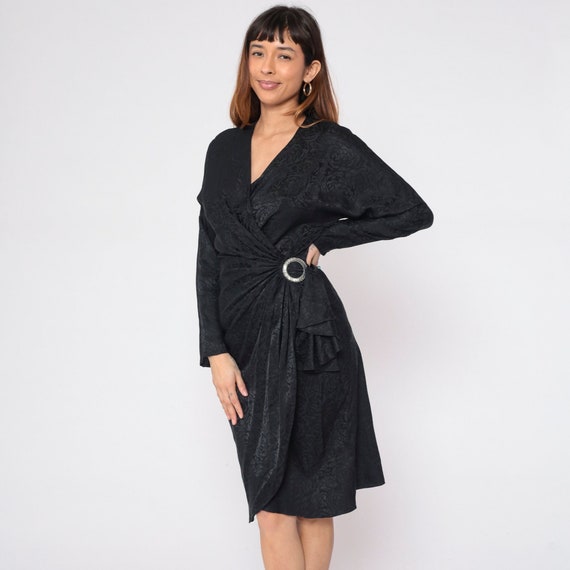 Black Silk Dress 80s Floral Jacquard Wrap Dress Evening Midi Long Dolman Sleeve V Neck Beaded O Ring 1980s Vintage Long Sleeve Medium 8