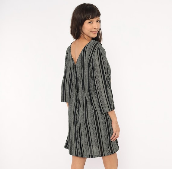 70s Striped Button Back Dress Black White Dotted Three Quarter Sleeve Boat Neck Straight Fit Vertical Stripe Monochrome Vintage Large L