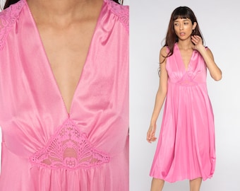 Pink Nightgown Dress 70s Bright Pink Nightgown Lace Midi Slip Lingerie Vintage 1970s Boho Romantic Pinup Deep V Neck Empire Waist Large L