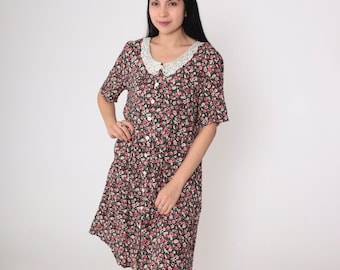 Floral Granny Dress 90s Button up Mini Dress Lace Collar Short Sleeve Ditsy Flower Print Boho Minidress Vintage 1990s Kathie Lee Medium 10