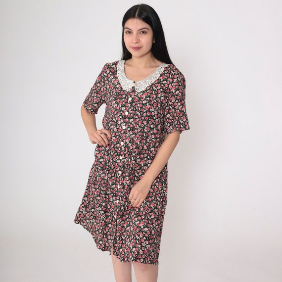 Floral Granny Dress 90s Button up Mini Dress Lace Collar Short Sleeve Ditsy Flower Print Boho Minidress Vintage 1990s Kathie Lee Medium 10