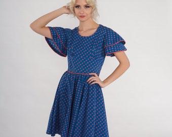 Mini-robe des années 60, robe nuisette bleue imprimée à pois, jupe évasée, manches flottantes, danse carrée rétro en coton pour filles, vintage des années 1960, très petite taille