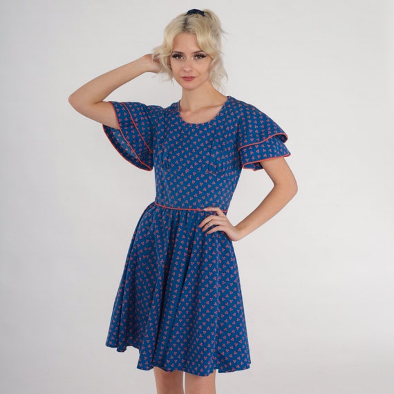 60s Mini Dress Blue Babydoll Dress Square Dot Print Full Skirt Flutter Sleeve Square Dance Retro Girly Cotton Vintage 1960s Extra Small xs