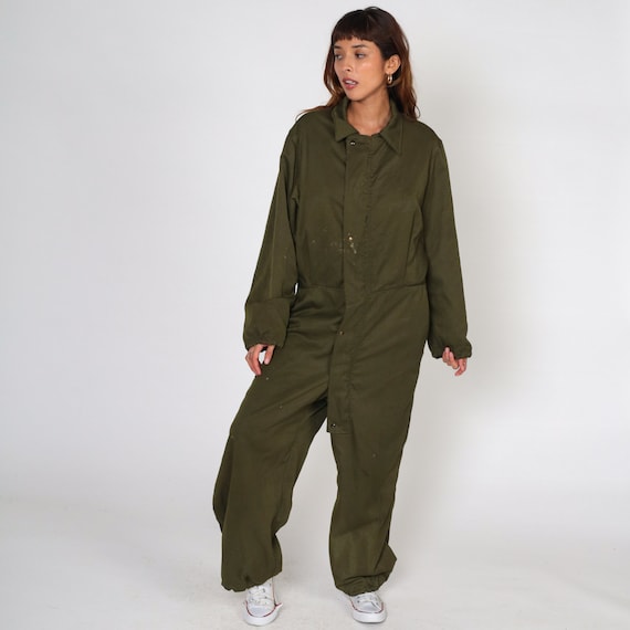 Army Coveralls 80s Distressed Flight Suit MILITARY Jumpsuit Pantsuit Vintage Long Sleeve 1980s Boiler Suit Olive Green Men's Small S
