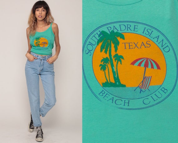 Beach Shirt Palm Tree Tank Top SOUTH PADRE ISLAND Texas Shirt 80s Camisole Tropical Graphic Retro Summer Vintage Green Spaghetti Medium