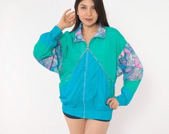 90s Teal Windbreaker Color Block Zip Front Jacket Geometric Pink Purple Green Bomber Abstract Sporty Athletic Coat Blue Vintage Medium M
