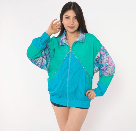 90s Teal Windbreaker Color Block Zip Front Jacket Geometric Pink Purple Green Bomber Abstract Sporty Athletic Coat Blue Vintage Medium M