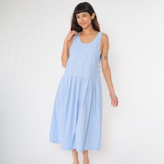 Vintage 90s Blue Cotton Jumper Dress Large Low Armhole Drop Waist Pinafore Sleeveless Midi A-Line Button Side Pockets Size L