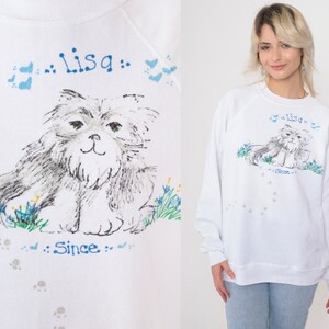 Handgemalte Katze Sweatshirt Lisa Weißes Kätzchen Pullover 90er Jahre Tier Vintage Raglanärmel 1990er Jahre Grafik Neuheit Druck Hanes Medium