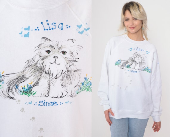 Hand Painted Cat Sweatshirt Lisa White Kitten Sweater 90s Animal Vintage Raglan Sleeve 1990s Graphic Novelty Print Hanes Medium
