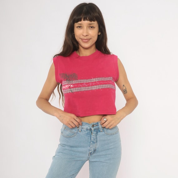 90s Ocean Pacific Crop Top Pink Sleeveless Tee Surf Palm Tree Graphic Fuchsia Muscle Tank Cotton Crew Neck Beach Summer OP Magenta Medium M