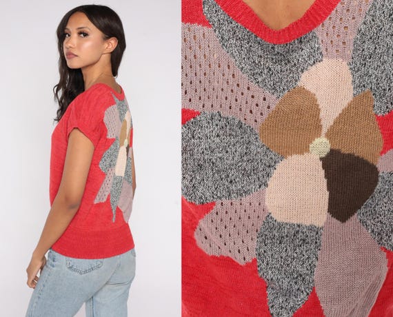 80s Red Knit Top Large Floral Graphic Open Weave Short Sleeve Lightweight Pullover Flower Pattern Acrylic Feel Small S Medium M