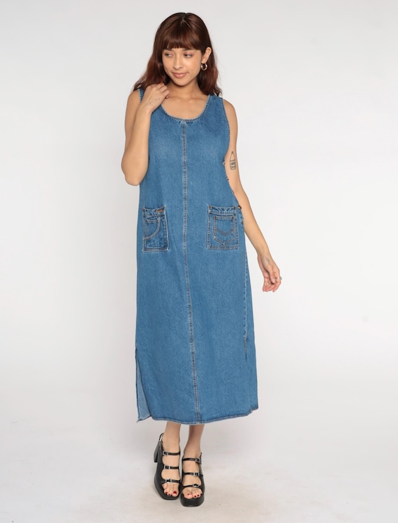 Vintage Denim Jumper Dress 90s Blue Jean Ankle Length Dress Button Side Overall Dress Sleeveless Pinafore Casual Day Summer 1990s Medium M