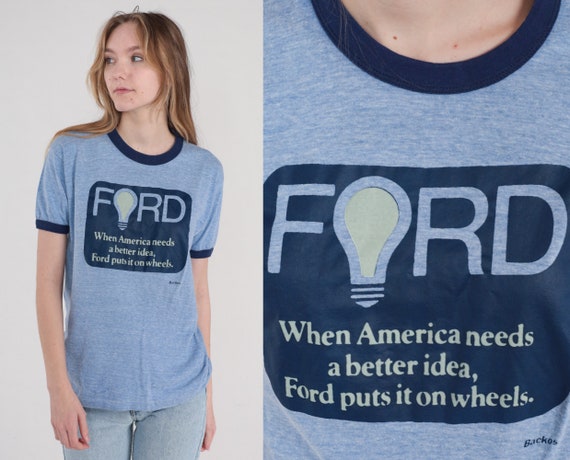 Vintage Ford Shirt 80s Ringer Tee Classic Car Graphic T-Shirt American Nostalgia TShirt Racing Single Stitch Heather Blue 1980s Medium Large
