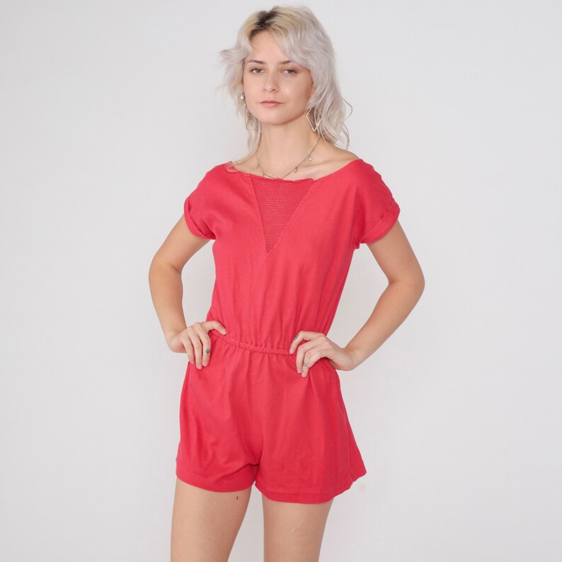 Cherry Red Romper 80s Playsuit Boatneck One Piece Jumpsuit Mesh Short Sleeve Shorts Summer High Waist Mini Dress Cotton Vintage 1980s Medium image 3