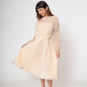 70s Beige Embroidered Chiffon Dress Floral Midi Dress Illusion Neckline Long Sleeve High Waist Party Dress Vintage Formal Small
