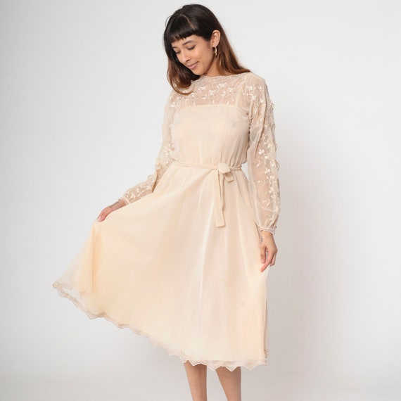 70s Beige Embroidered Chiffon Dress Floral Midi Dress Illusion Neckline Long Sleeve High Waist Party Dress Vintage Formal Small