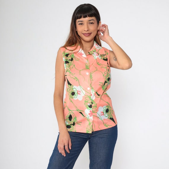 Pink Floral Tank Top 70s Sleeveless Blouse Wing Collar Button Up Shirt Abstract Flower Print Summer Bohemian Hippie Vintage 1970s Medium M