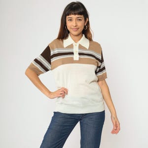 70s Striped Polo Shirt Off-White Knit Collared Shirt Navy Blue Retro Preppy Short Sleeve Seventies Top Tan Brown Vintage 1970s Men&#39;s Medium