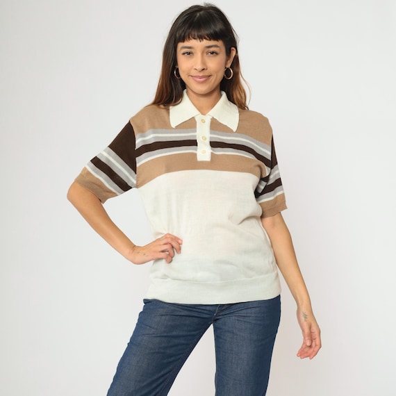 70s Striped Polo Shirt Off-White Knit Collared Shirt Navy Blue Retro Preppy Short Sleeve Seventies Top Tan Brown Vintage 1970s Men's Medium