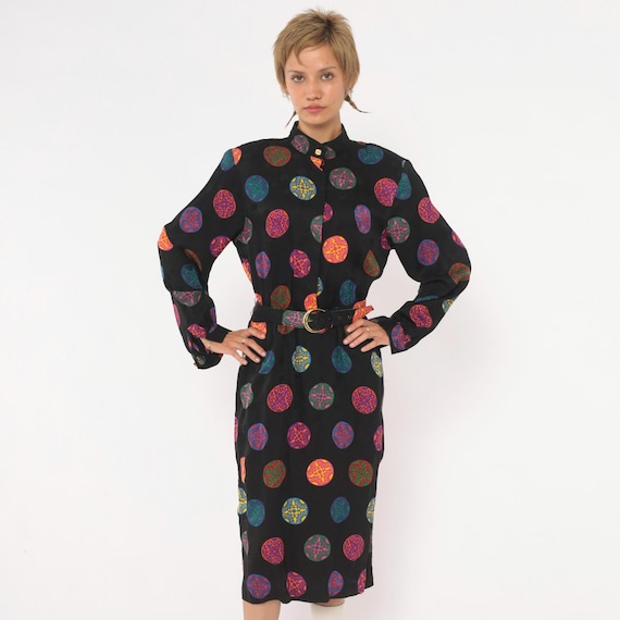 80s Black Silk Dress Medallion Print Polka Dot Long Sleeve Mandarin Collar Button Front Midi Colorful Pink Blue Orange Vintage Medium M