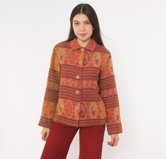 Paisley Tapestry Jacket 2000s Hippie Bohemian Coat Rust Copper Plum Woven Lined Blazer Terra Cotta Amber Fall Autumn Winter Extra Small XS