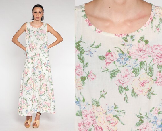 White Floral Dress 90s Pastel Maxi Sundress Sleev… - image 1