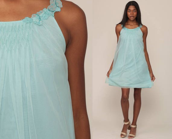 70s Nightgown Slip Dress Nylon Nightgown Lingerie Babydoll Mini Nightie Boho Baby Blue 1970s Pinup Vintage Lolita Pin Up Medium Large