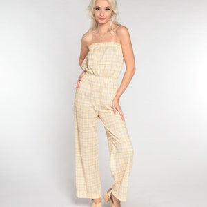 70s Plaid Jumpsuit Strapless Pantsuit Straight Leg Retro Groovy Hippie White Yellow Summer One Piece Checkered Vintage 1970s Small XS S