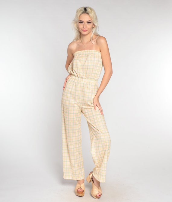 70s Plaid Jumpsuit Strapless Pantsuit Straight Leg Retro Groovy Hippie White Yellow Summer One Piece Checkered Vintage 1970s Small XS S
