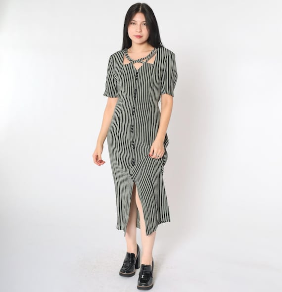 Vintage Striped Sheath Dress 90s Cage Neck Black Grey Button Up Midi Dress Strappy Short Sleeve Dress Preppy 1990s Medium 8