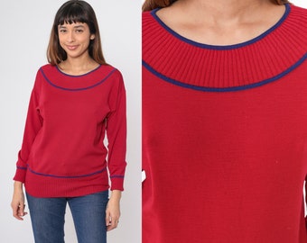 70s Goldworm Sweater Cherry Red Wool Sweater Italian Knit Pullover Scoop Neck Sweater Blue Contrast Ringer Neck Plain Vintage 1970s Small 6