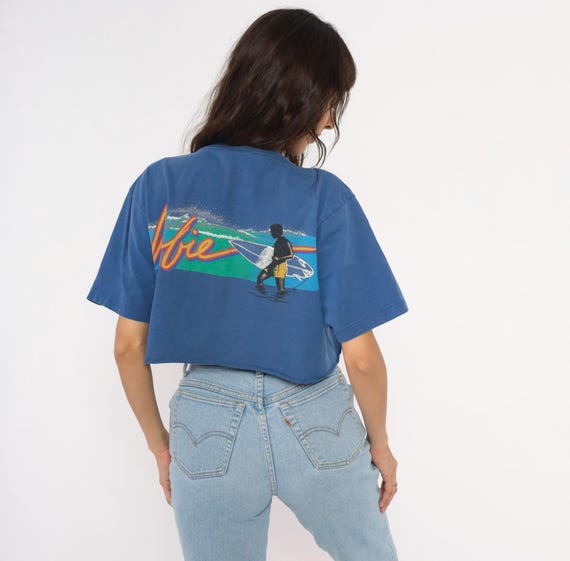 90s Hobie Surf Tee Cobalt Blue Crop Pocket Shirt Cotton Short Sleeve Beach Graphic Surfer Skater Boxy Fit Navy Summer Vintage Top Medium M