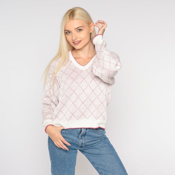 Pull de golf des annees 90 blanc rose losanges tricote golfeur brode preppy col en V pull haut de golf vintage des annees 1990 en coton petit S Etsy France