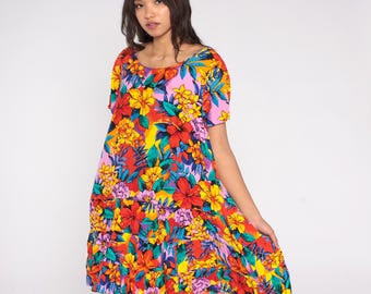Tropical Floral Dress 90s Bright Hibiscus Print Mini Bold Multicolor Vacation Resort Wear Sundress Hawaiian Inspired Ruffle Medium M