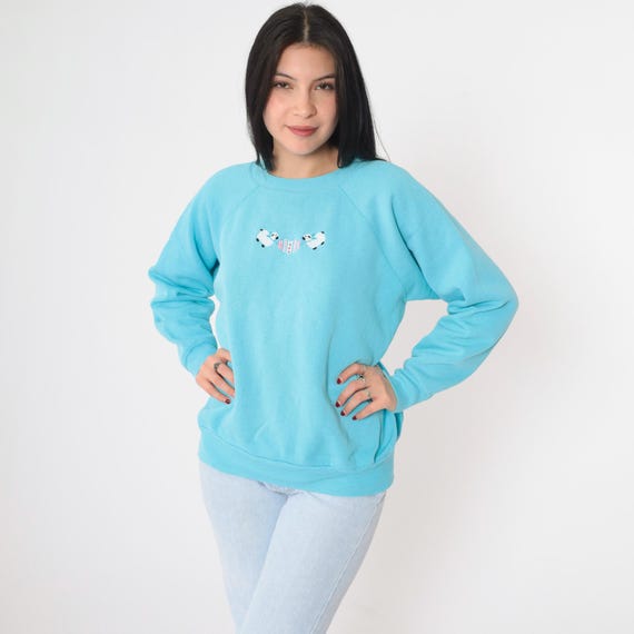 Vintage Sheep Sweatshirt 90s Blue Embroidered Pullover Crewneck Grandma Sweater Farm Animal Print Graphic Shirt 1990s Raglan Medium Large