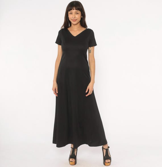 90s Black Maxi Dress V Neck Short Sleeve Fit Flare A Line Gown Floor Length Formal Evening Gothic Dark Minimalist Vintage Small S