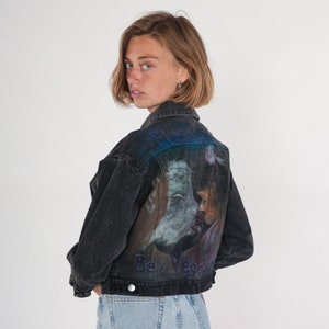 Vintage Be a Vegetarian Jacket Y2K Guess Black Denim Jacket Cropped Jean Jacket Button up Airbrushed Cow Print Crop Coat 1990s Medium M