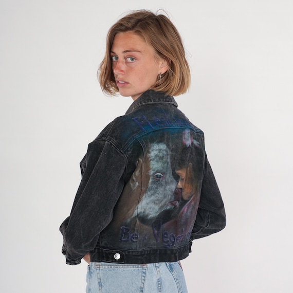Vintage Be a Vegetarian Jacket Y2K Guess Black Denim Jacket Cropped Jean Jacket Button up Airbrushed Cow Print Crop Coat 1990s Medium M