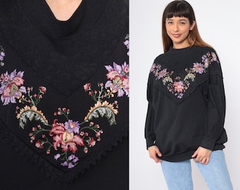 Black Floral Sweatshirt 80s Lace Yoke Shirt Vintage Crewneck Sweater Graphic Flower Chevron 1980s Slouchy Oversized 1x Extra Large xl