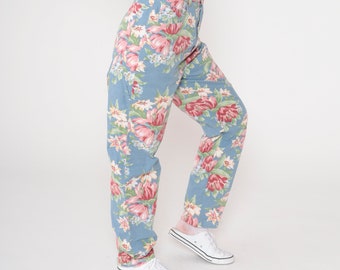 Blue Floral Pants 90s High Waisted Pants Pink Green Flower Print Straight Tapered Leg Boho Hippie Trousers Vintage 1990s Extra Small xs 26