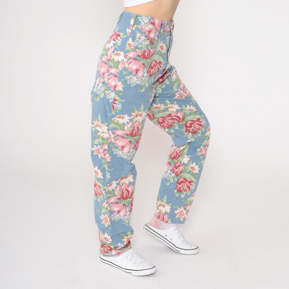 Blue Floral Pants 90s High Waisted Pants Pink Green Flower Print Straight Tapered Leg Boho Hippie Trousers Vintage 1990s Extra Small xs 26