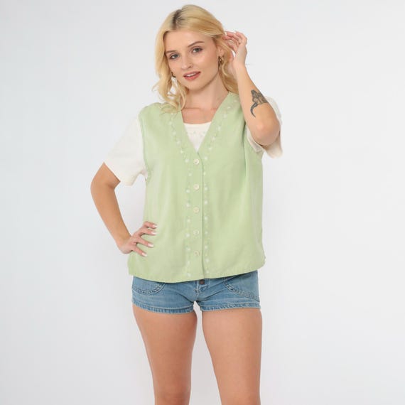 90s Embroidered Floral Blouse Soft Green Checkered Button Up Shirt Attached Vest Short Sleeve Top Preppy Retro Vintage 1990s Medium Petite