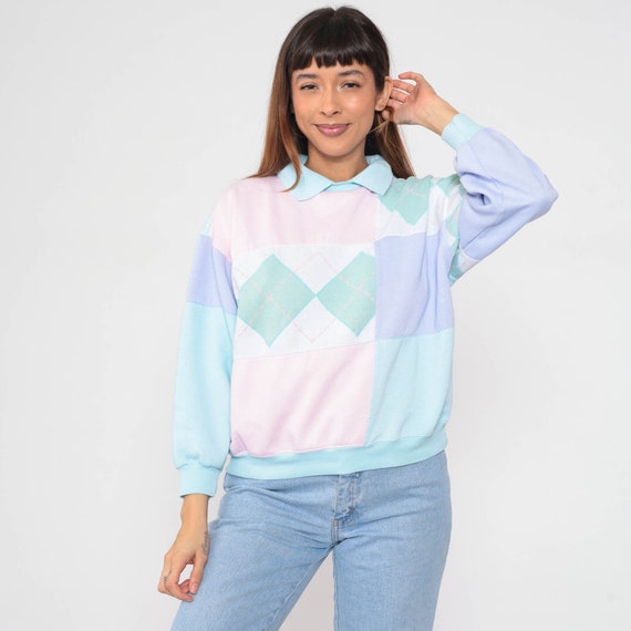 Color Block Sweatshirt 90s Pastel Argyle Checkere… - image 2