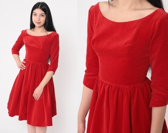 60s Red Velvet Dress -- 60s Party Dress Cocktail Dress 1960s 3/4 Sleeve Mini Evening High Waisted Fit and Flare Knee Length Extra Small xs