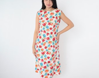 Vintage A-Line Floral Dress 80s White Midi Dress Sleeveless Shift Watercolor Sundress Retro Summer Day Red Orange Blue 1980s Small Medium