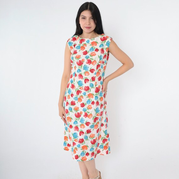 Vintage A-Line Floral Dress 80s White Midi Dress Sleeveless Shift Watercolor Sundress Retro Summer Day Red Orange Blue 1980s Small Medium